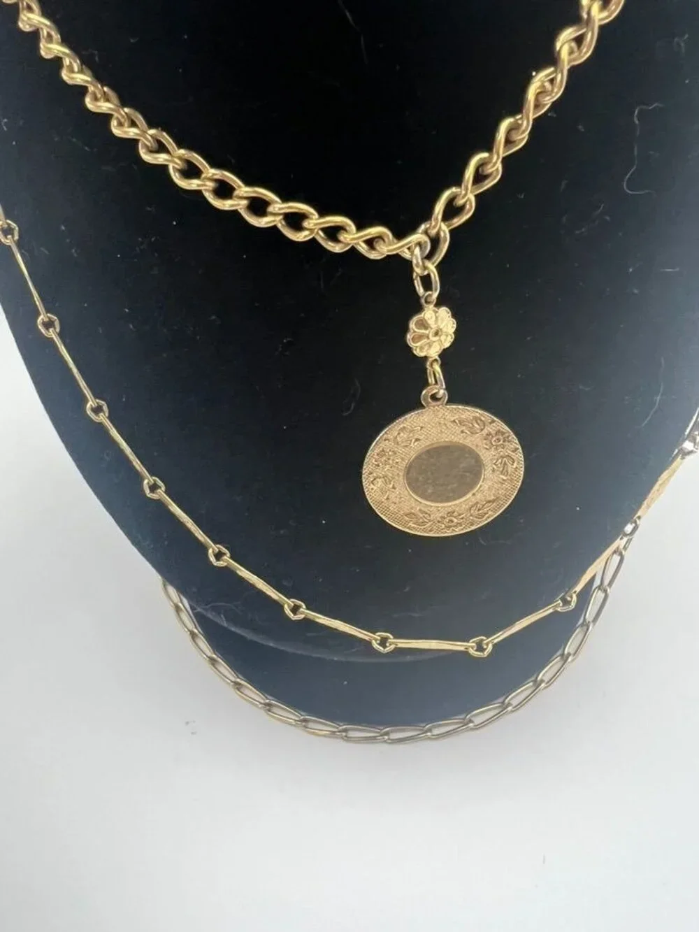 Vintage Gold Tone Multi Strand Chain Necklace Layered Medallion Charm Pendant